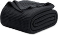 Bedsure 100% Cotton Blanket Queen Size for Bed - Breathable and Soft, Waffle Weave Blanket for Summer, Thick Cozy Fall Blankets for Women Gift, Black, 90x90 Inches