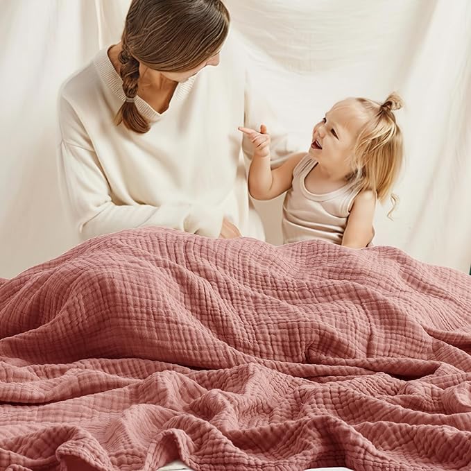 Carriediosa 100% Cotton Muslin Throw Blanket 66" X 90" Twin XL Size，4-Layers Summer Gauze Throws for Bed Couch，Soft Lightweight Breathable Linen Blankets Bedspread for Adults All Season，Mauve