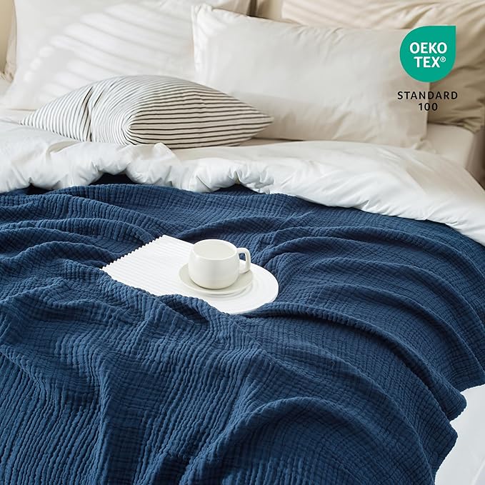 Carriediosa 100% Cotton Muslin Throw Blanket 70" X 80" Twin Size，4-Layers Summer Gauze Throws for Bed Couch，Soft Lightweight Breathable Linen Blankets Bedspread for Adults All Season，Navy Blue