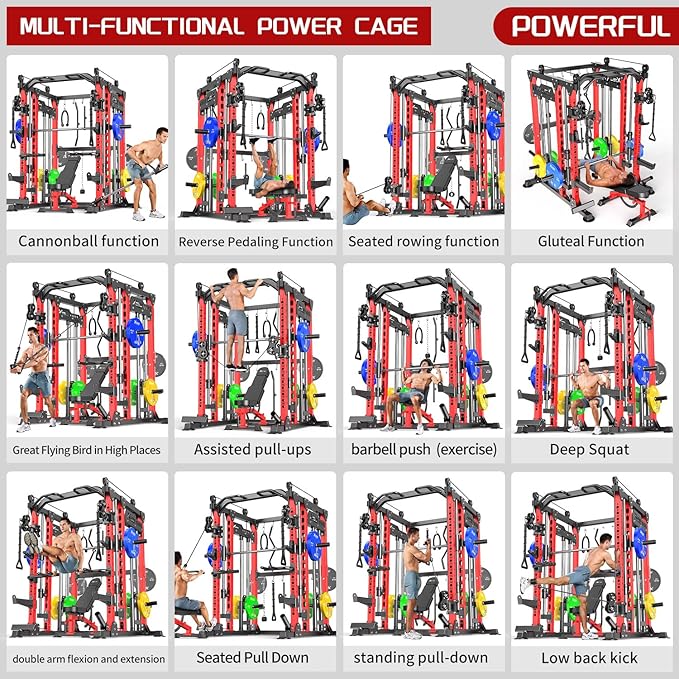 Power Cage,1600lbs Multi-Function Power Rack with Adjustable Cable Crossover System and More Training Attachment, Weight Cage for Home Gym