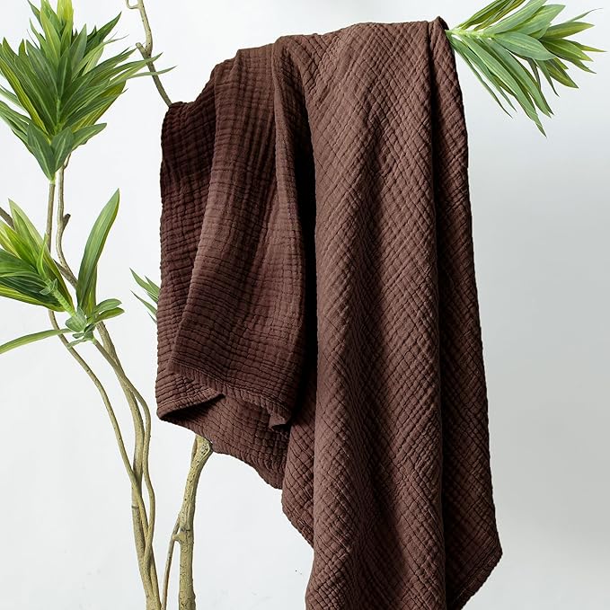 Carriediosa 100% Cotton Muslin Throw Blanket 90" X 90" Queen Size，4-Layers Summer Gauze Throws for Bed Couch，Soft Lightweight Breathable Linen Blankets Bedspread for Adults All Season，Dark Brown