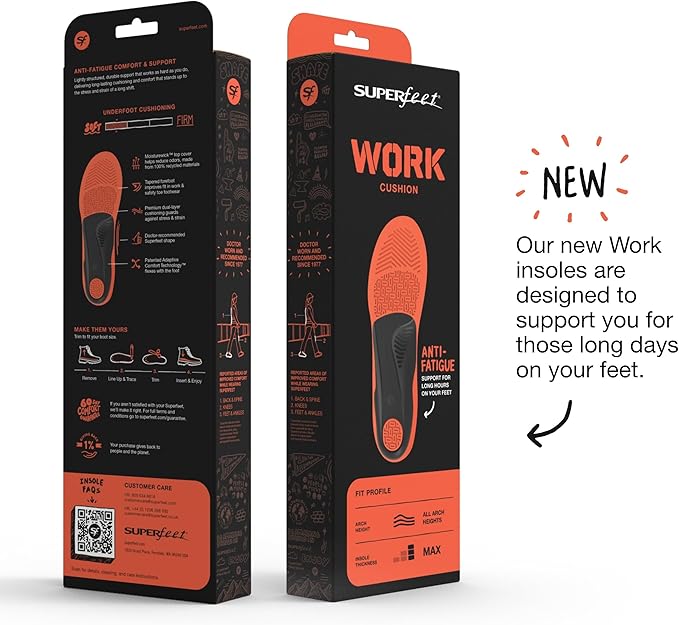 Superfeet Work Cushion - Trim-to-Fit Orthotic Shoe Inserts - Professional Grade - Men 7.5-9 / Women 8.5-10