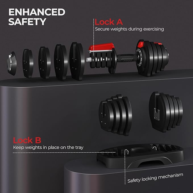 Yaheetech Adjustable Dumbbell Set 28/40/52.5/90LBS Adjustable Dumbbells Fast Adjust Dumbbell Weight Set with Anti-Slip Handle and Tray for Men/Women Home Gym Strength Training Equipment Single/Pair