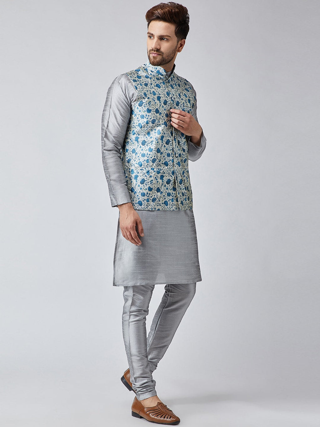 Sojanya Men Grey & Blue Self Design Kurta with Churidar & Nehru Jacket