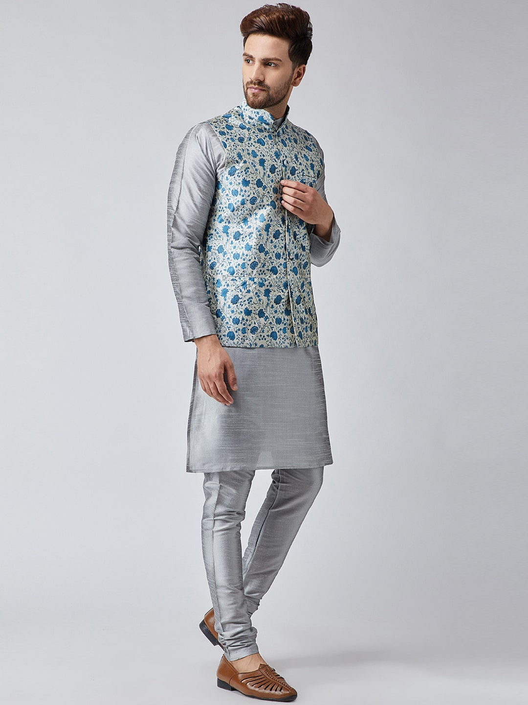 Sojanya Men Grey & Blue Self Design Kurta with Churidar & Nehru Jacket