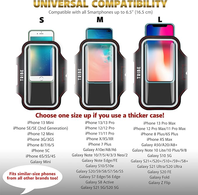 TRIBE Water Resistant Cell Phone Armband Case Running Holder for iPhone Pro Max Plus Mini SE (13/12/11/X/XS/XR/8/7/6/5) Galaxy S Ultra Plus Edge Note (21/20/10/9/8/7/6/5) Adjustable Strap & Key Pocket