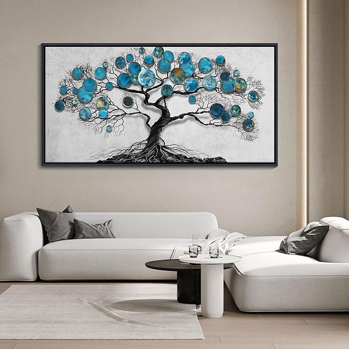 CHATYOUNG Wall Art Living Room - Large Art Teal Blue Tree Abstract Landscape Modern Paintings Black Framed Artwork for Bedroom Dining Room Office Kitchen Home Decor 58"x29"