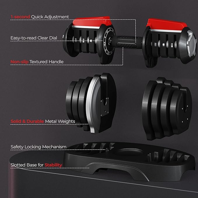 Yaheetech Adjustable Dumbbell Set 28/40/52.5/90LBS Adjustable Dumbbells Fast Adjust Dumbbell Weight Set with Anti-Slip Handle and Tray for Men/Women Home Gym Strength Training Equipment Single/Pair