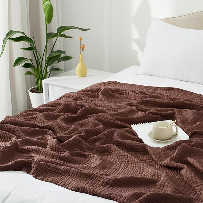 Carriediosa 100% Cotton Muslin Throw Blanket 70" X 80" Twin Size，4-Layers Summer Gauze Throws for Bed Couch，Soft Lightweight Breathable Linen Blankets Bedspread for Adults All Season，Dark Brown