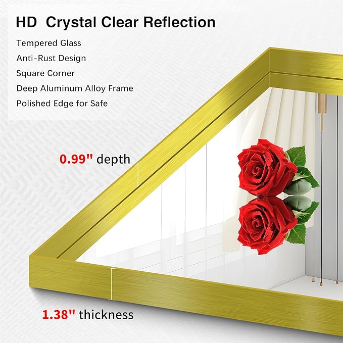 Gold Bathroom Mirror, 60x40 Inch Rectangular Framed Mirror, Large Wall Mounted Bathroom Vanity Mirror Over Sink for Bedroom,Restroom, Living Room, Hangs Vertically or Horizontally