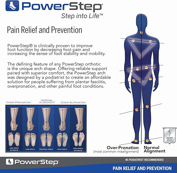 PowerStep Original Insoles - Arch Pain Relief Orthotics for Tight Shoes - Foot Support for Plantar Fasciitis, Mild Pronation and Foot & Arch Pain - Shoe Inserts for All, Made in USA (M 7-7.5, F 9-9.5)