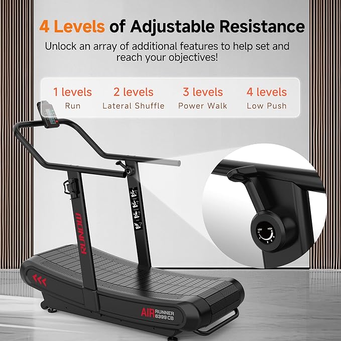 RUNOW Curved Treadmill with 4 Resistance Levels Non Motorized Manual Treadmill with LCD Display,Self Generated Air Runner for Home & Commercial Use 450LBS Capacity