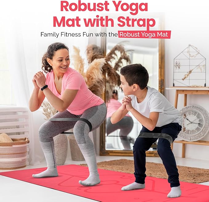 Robust Non-Slip Yoga Mat with Strap, 1/4" Thick TPE Eco-Friendly Workout Mat for Yoga with Position Lines and Texture Surface, Gym Mat for Women, Men, Pilates and Exercises Anti-Tear Sweat-Proof Exercise Mat