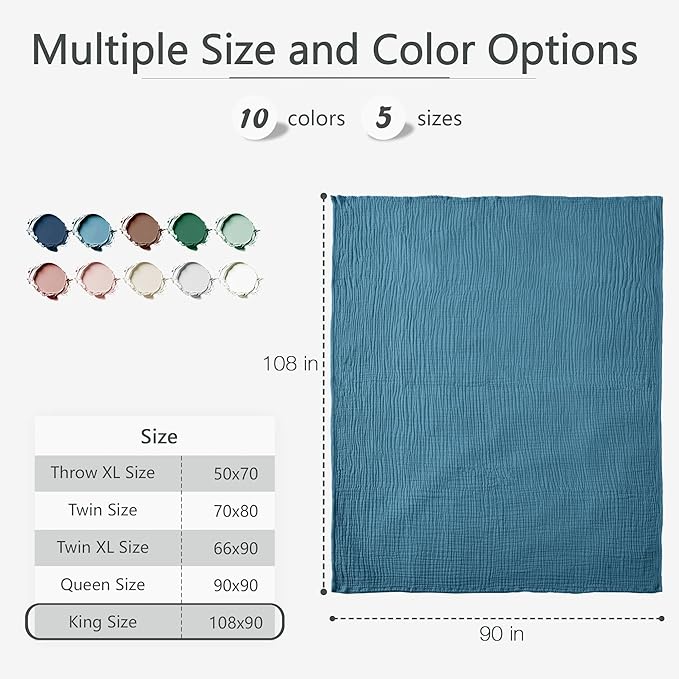 Carriediosa 100% Cotton Muslin Throw Blanket 108" X 90" King Size，4-Layers Summer Gauze Throws for Bed Couch，Soft Lightweight Breathable Linen Blankets Bedspread for Adults All Season，Dusty Blue