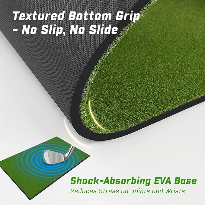 Dual-Turf 45/50MM Golf Hitting Mat, Built-in Ball Tray, Alignment Aid, Golf Mat Practice Outdoor & Indoor, Driving Chipping Putting in Backyard Garage Basement, Gift for Men Dad Golfer