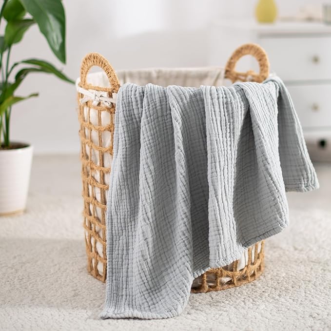 Carriediosa 100% Cotton Muslin Throw Blanket 90" X 90" Queen Size，4-Layers Summer Gauze Throws for Bed Couch，Soft Lightweight Breathable Linen Blankets Bedspread for Adults All Season，Grey