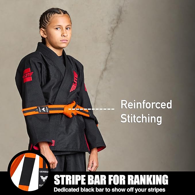 Elite Sports Kids Brazilian Jiu Jitsu Belts Preshurunk Martial Arts Youth BJJ Belts for Girls & Boys with BJJ Ranking Stripes