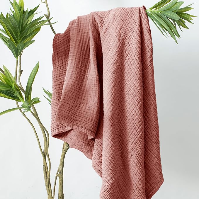 Carriediosa 100% Cotton Muslin Throw Blanket 66" X 90" Twin XL Size，4-Layers Summer Gauze Throws for Bed Couch，Soft Lightweight Breathable Linen Blankets Bedspread for Adults All Season，Mauve