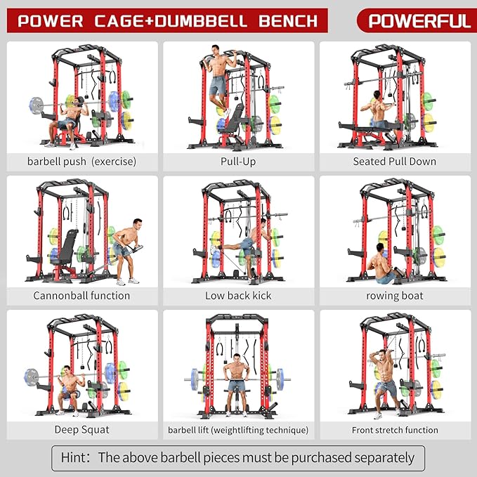Power Cage Multi-Function Power Rack with Cable Crossover System,1800 LBS Capacity Squat Rack with Weight Bench,for Home Gym