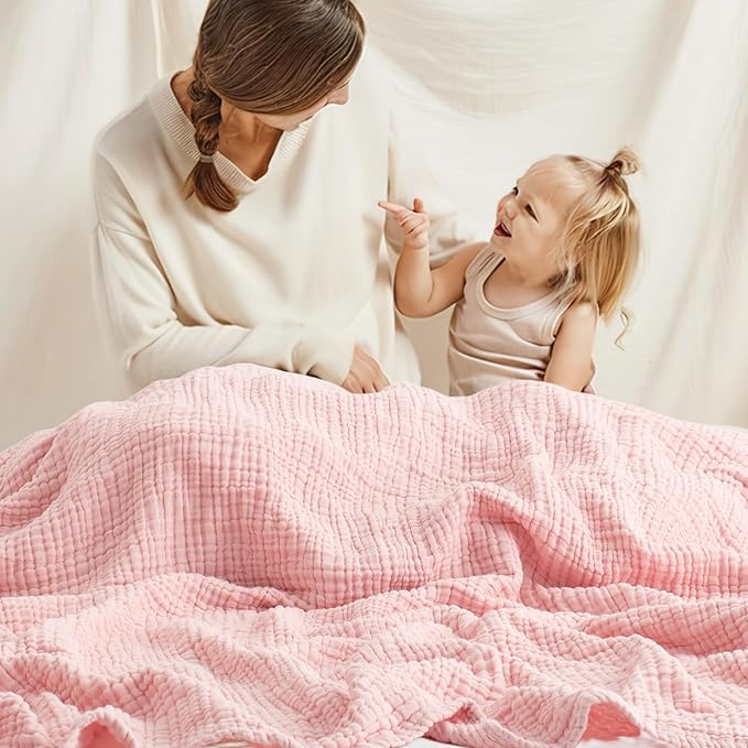 Carriediosa 100% Cotton Muslin Throw Blanket 70" X 80" Twin Size，4-Layers Summer Gauze Throws for Bed Couch，Soft Lightweight Breathable Linen Blankets Bedspread for Adults All Season，Dusty Pink