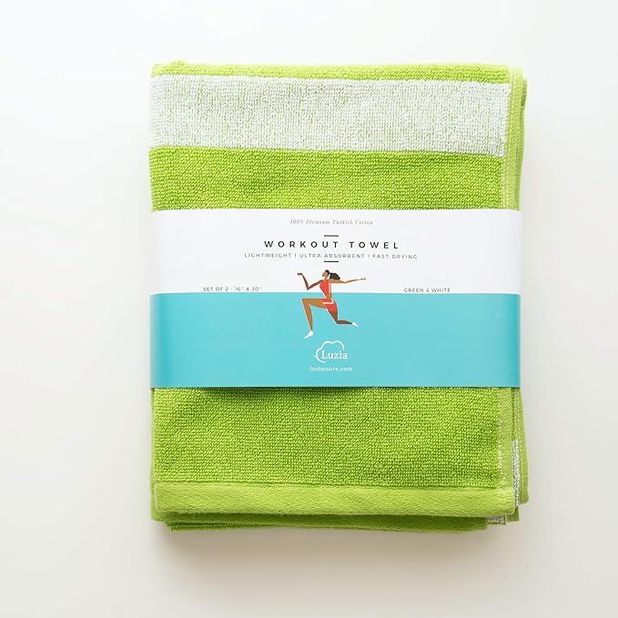Luzia Striped Workout Towel for Sweat (Pack of 4) - Premium Quality 100% Turkish Cotton - Lightweight and Super Absorbent for Exercise, Sports, Workout, Fitness, Gym, Yoga, Running (Green)