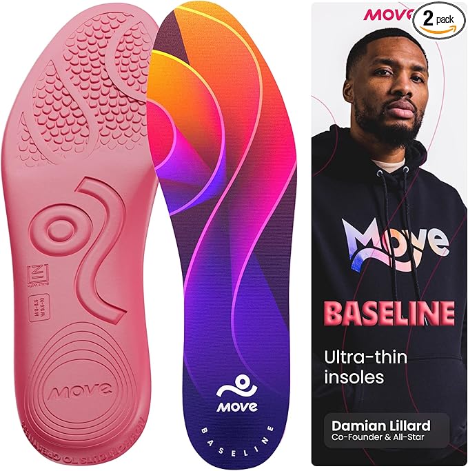 MOVE Baseline - All-Purpose Insoles - Sock Liner - Ultra Thin Shock Absorption - Maximum Freedom of Movement and Energy Return for Cleats, Shoes, Running, Basketball, Baseball (M11-11.5/WM12.5-13)