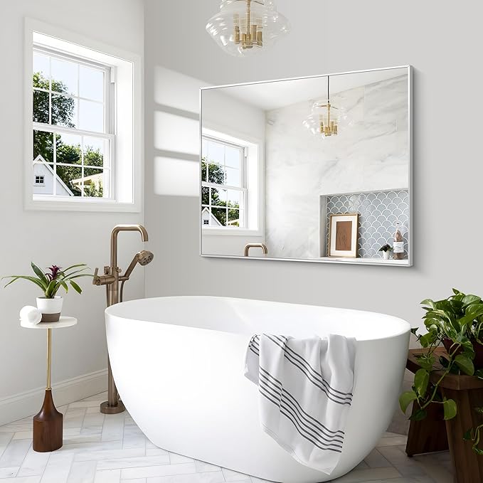 Silver Bathroom Mirror,40x48 inch Wall Mirror for Bathroom Wall Mounted,Large Rectangle Mirror for Bathroom Over Sink,Modern Metal Frame for Living Room,Bedroom Entryway,Horizontal/Vertical
