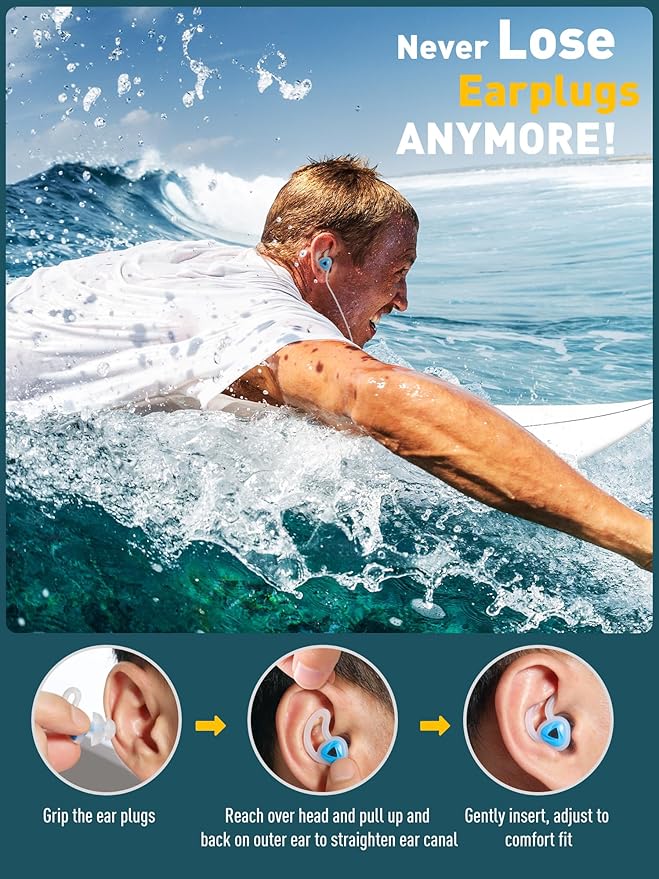 Ear Plugs for Swimming Surfing with Lanyard, Block Out Water Let Sound in, Reusable Comfy Custom-fit Swim Waterproof earplugs Men Women for Swimmer Shower Pool Bath Water Sports