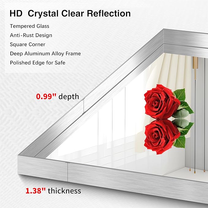 Silver Bathroom Mirror, 36x60 Inch Rectangular Deep Frame Mirror, Large Wall Mounted Bathroom Vanity Mirror Over Sink for Bedroom,Restroom, Living Room, Hangs Vertically or Horizontally