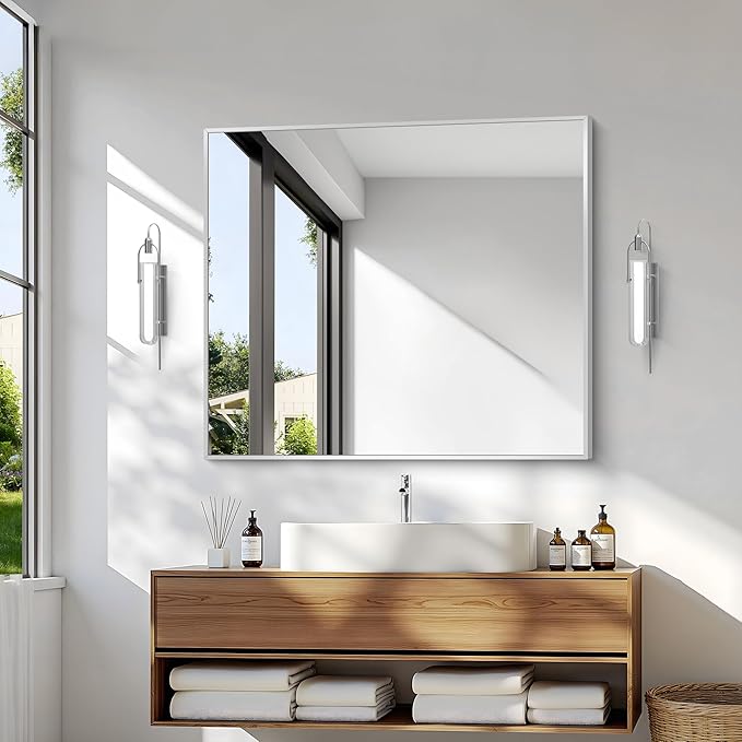 Silver Bathroom Mirror,30x36 inch Wall Mirror for Bathroom Wall Mounted,Rectangle Mirror for Bathroom Over Sink,Modern Metal Frame for Living Room,Bedroom Entryway,Horizontal/Vertical
