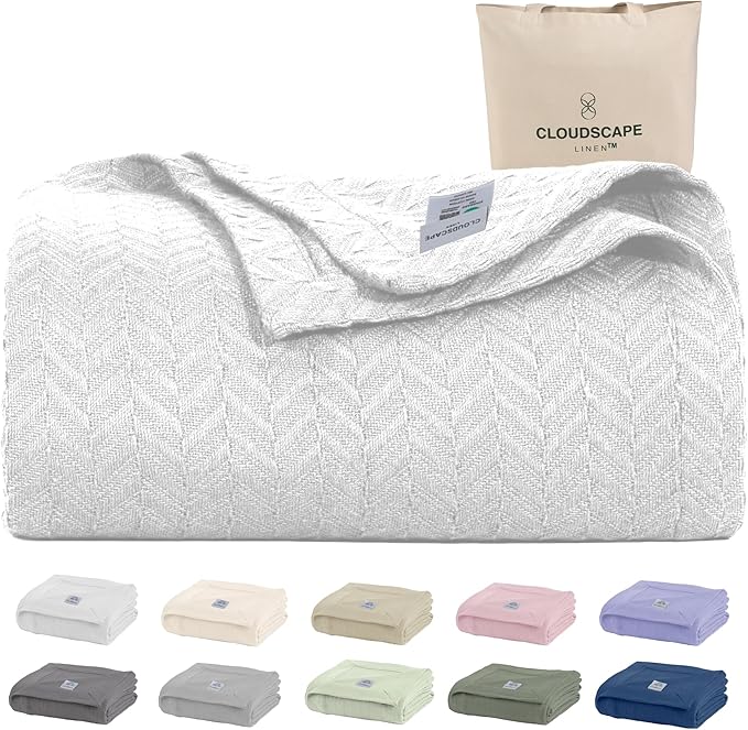 Cloud Scape Linen Herringbone Cotton Throw Blanket for Couch, Bed,Sofa, Home Decor, Soft, Lightweight, All-Season Bed Blanket, 50 x 70, White