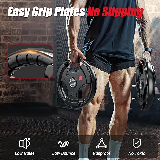 GIKPAL 2-inch Rubber Olympic Grip Weight Plates for Strength Training, Weightlifting in Home & Gym, Barbell Weights Plates Set (2.5/5/10/25/35/45 LB)
