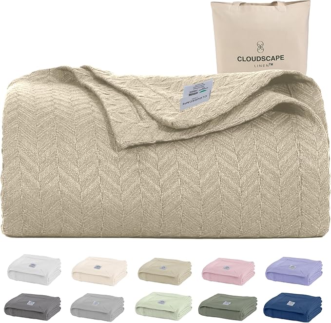 Cloud Scape Linen Herringbone Cotton Throw Blanket for Couch, Bed,Sofa, Home Decor, Soft, Lightweight, All-Season Bed Blanket, 50 x 70,Beige Fog
