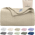 Cloud Scape Linen 100% Cotton Queen Size Blanket, Herringbone Pattern, Lightweight Summer Blanket,Best Gifts for Women, fits Full Size Bed, 92 x 92, Beige Fog