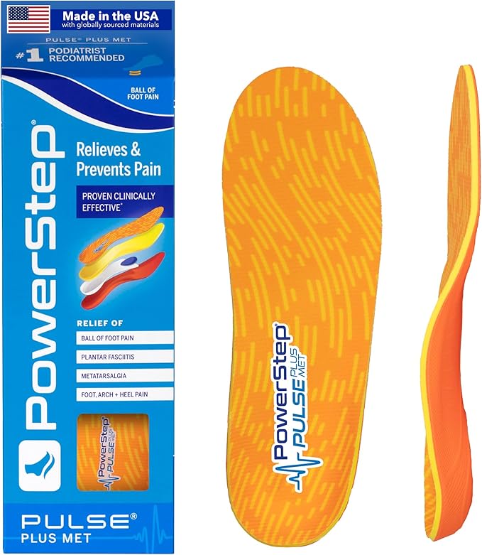 PowerStep Pulse Plus Met - Ball of Foot Pain Relief Shoe Insoles - Running Shoe Orthotics for Metatarsal Foot Pain, and Morton's Neuroma Relief - Made in The USA (M 14-15)
