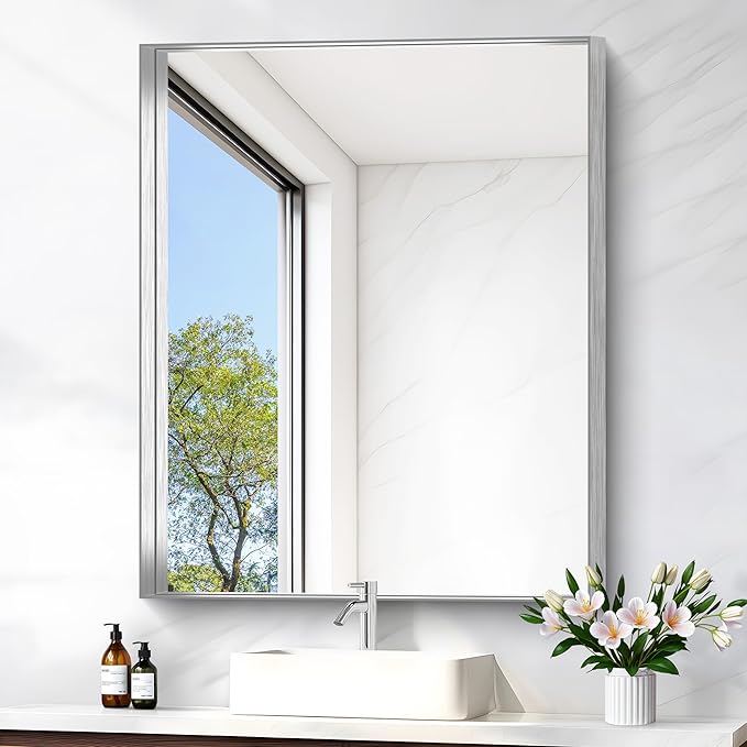 Silver Bathroom Mirror, 30x36 Inch Rectangular Framed Mirror, Large Wall Mounted Bathroom Vanity Mirror Over Sink for Bedroom,Restroom, Living Room, Hangs Vertically or Horizontally