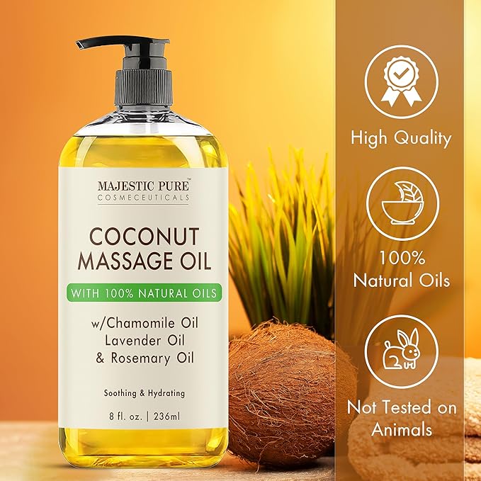 MAJESTIC PURE Coconut Massage Oil for Massage Therapy - Refreshing, and Relaxing - Natural Oils - for All Skin Types - Men and Women - 8 fl oz