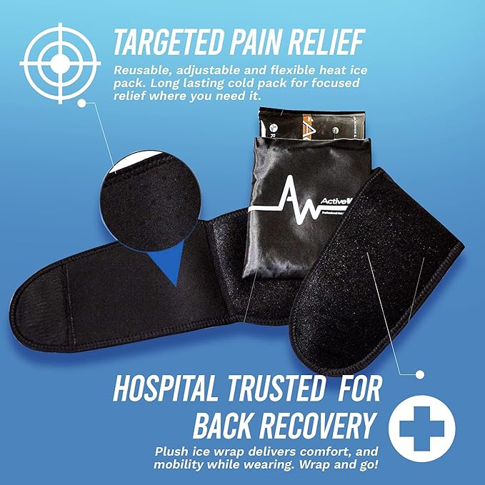 ActiveWrap Back Heat Ice Wrap with Reusable Gel Pack and Support. for Sciatica, Lumbar Strains, Stiffness & Low Back Pain Relief. Portable Heat Compress for Spine Recovery. Hot and Cold Therapy