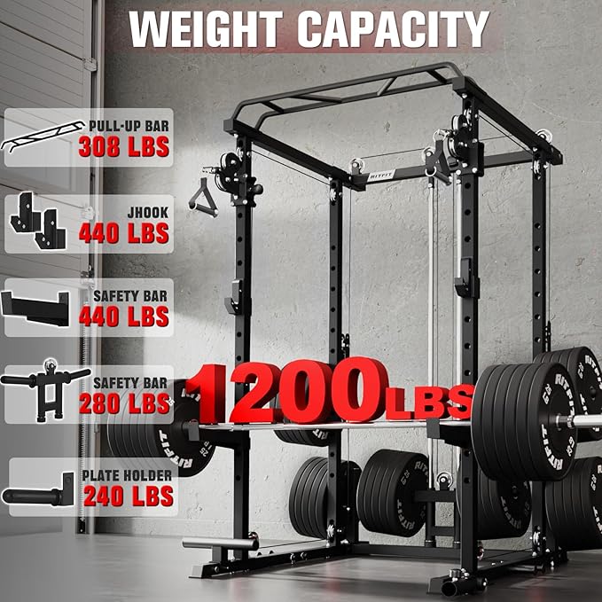 RitFit Power Cage with Optional LAT PullDown/Cable Crossover, 1000LB Squat Rack for Home & Garage Gym, with Weight Storage Rack and More Training Attachments, ASTM-Certified