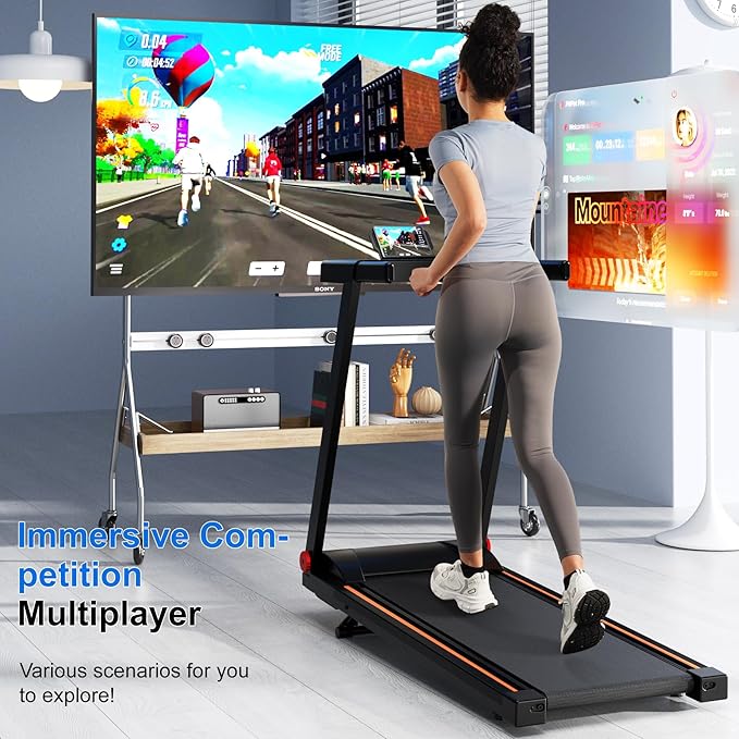 Treadmill with 5% Incline, 300lbs Capacity Folding 15 HP Small Treadmills for Home Portable Running Treadmill with Handles Quiet Brushless Dual Cushion System, Electric Compact Treadmil