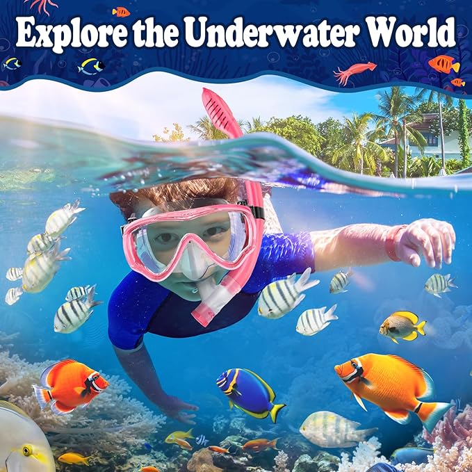 U PHITNIS Kids Snorkel Set for Age 4-14 - Dry Top Snorkeling Gear for Kids Junior & Youth - Childs Diving Mask with Big Eyes for Boys Girls - Anti-Fog Snorkeling Mask and Snorkel Set