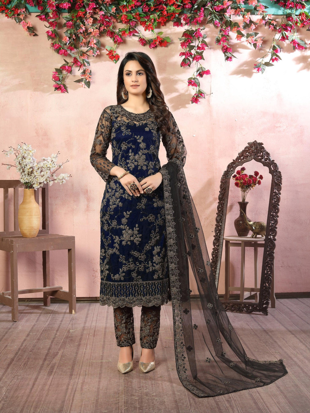 Anaita Navy Blue Embroidered Net Salwar Suit