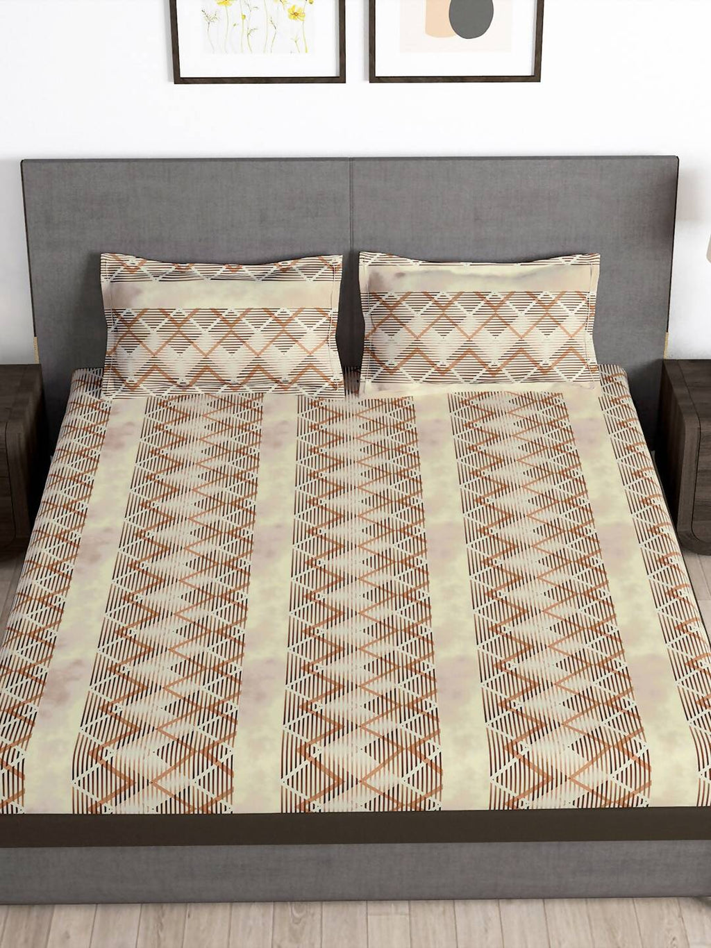 Story@home Brown & White Striped Microfiber 180 TC Bedsheet With Pillow Cover