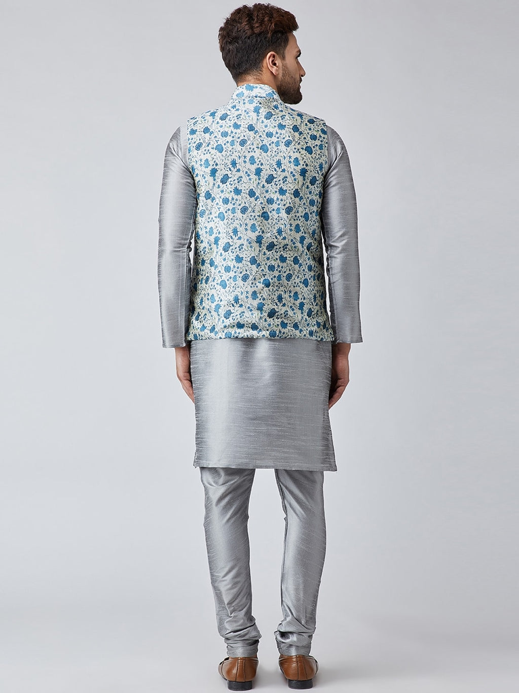Sojanya Men Grey & Blue Self Design Kurta with Churidar & Nehru Jacket