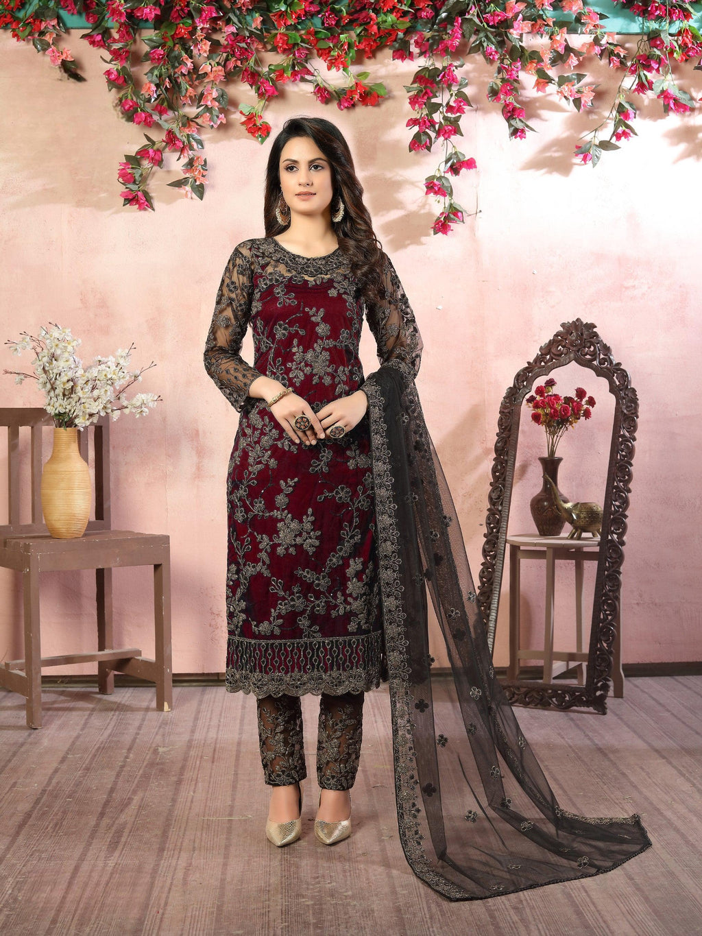 Anaita Maroon Embroidered Net Salwar Suit