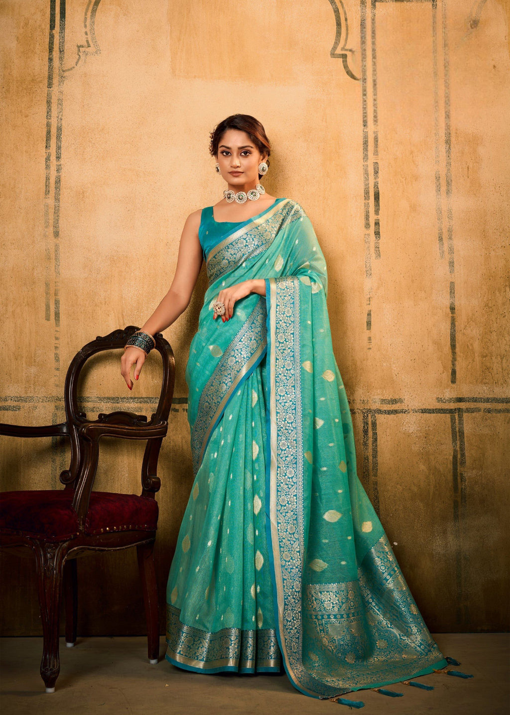Anaita Turquoise Soft Tussar Silk With Kalamkari Weaving Saree With Blouse