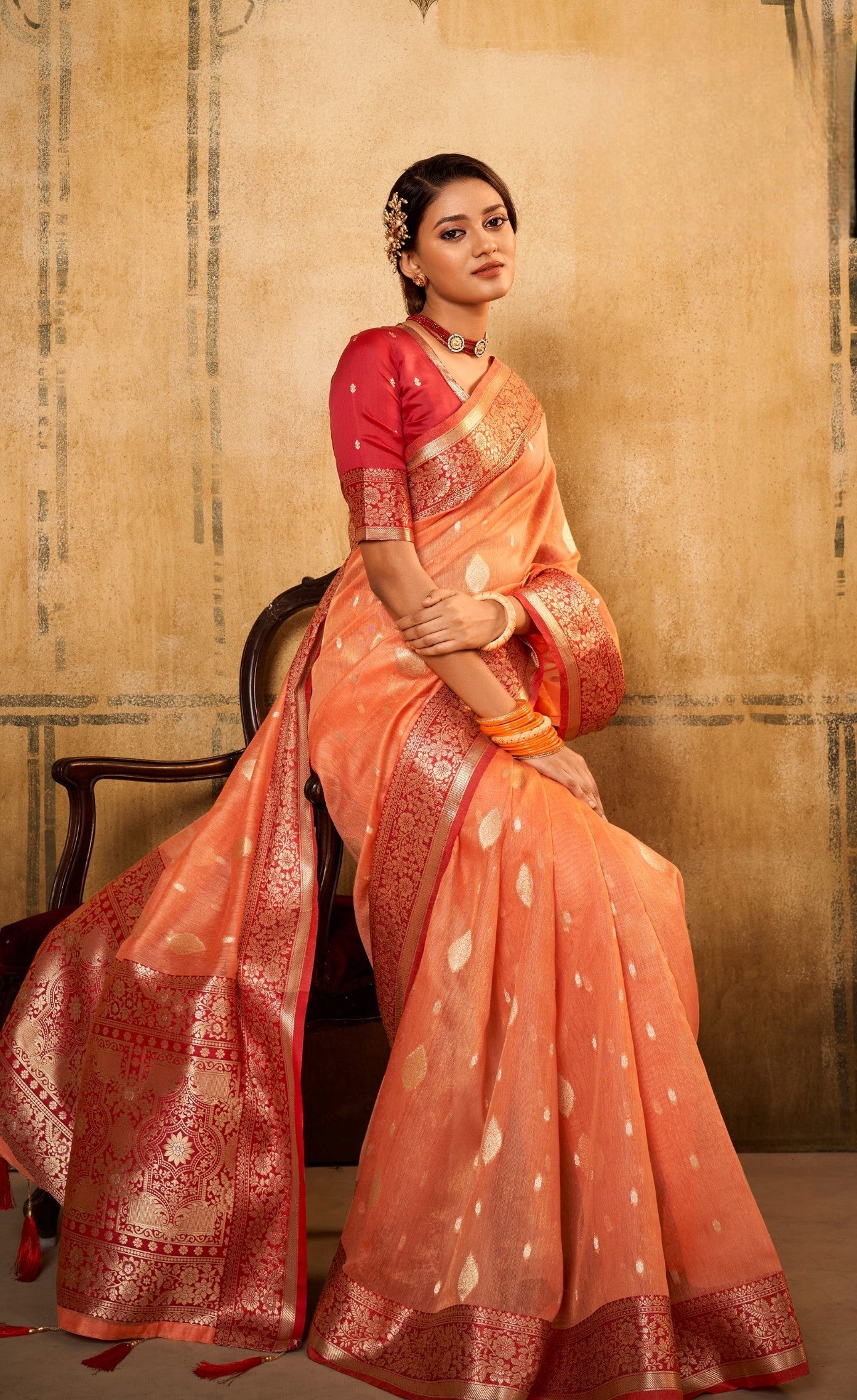 Anaita Orange Soft Tussar Silk With Kalamkari Weaving Saree With Blouse