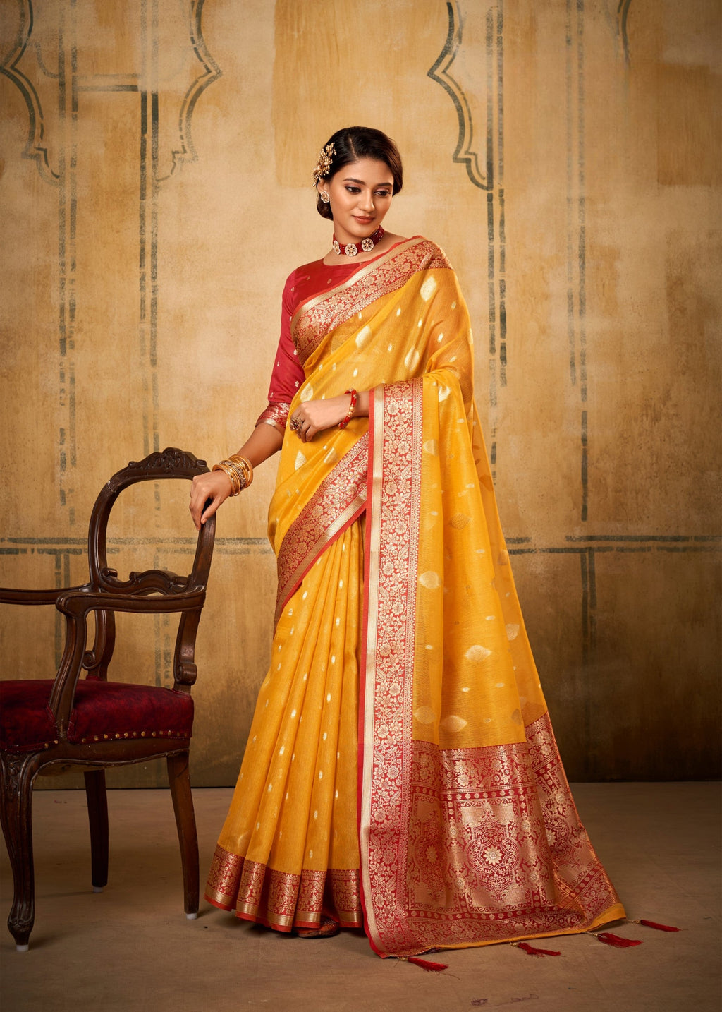 Anaita Yellow Soft Tussar Silk With Kalamkari Weaving Saree With Blouse