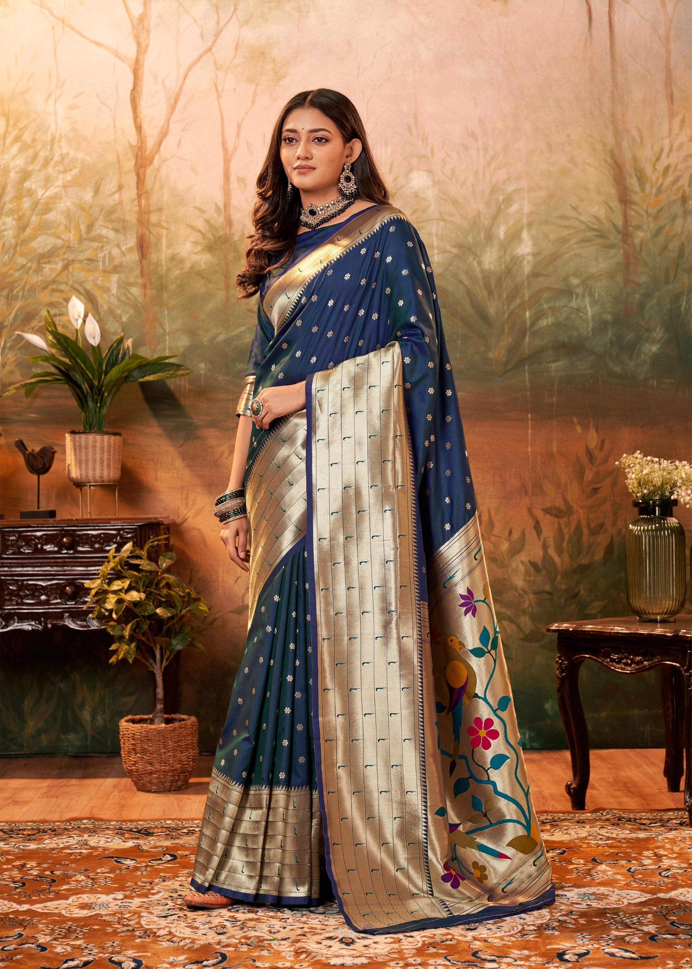 Anaita Navy Blue Designer Zari Weaving Pure Paithani Silk Saree With Blouse