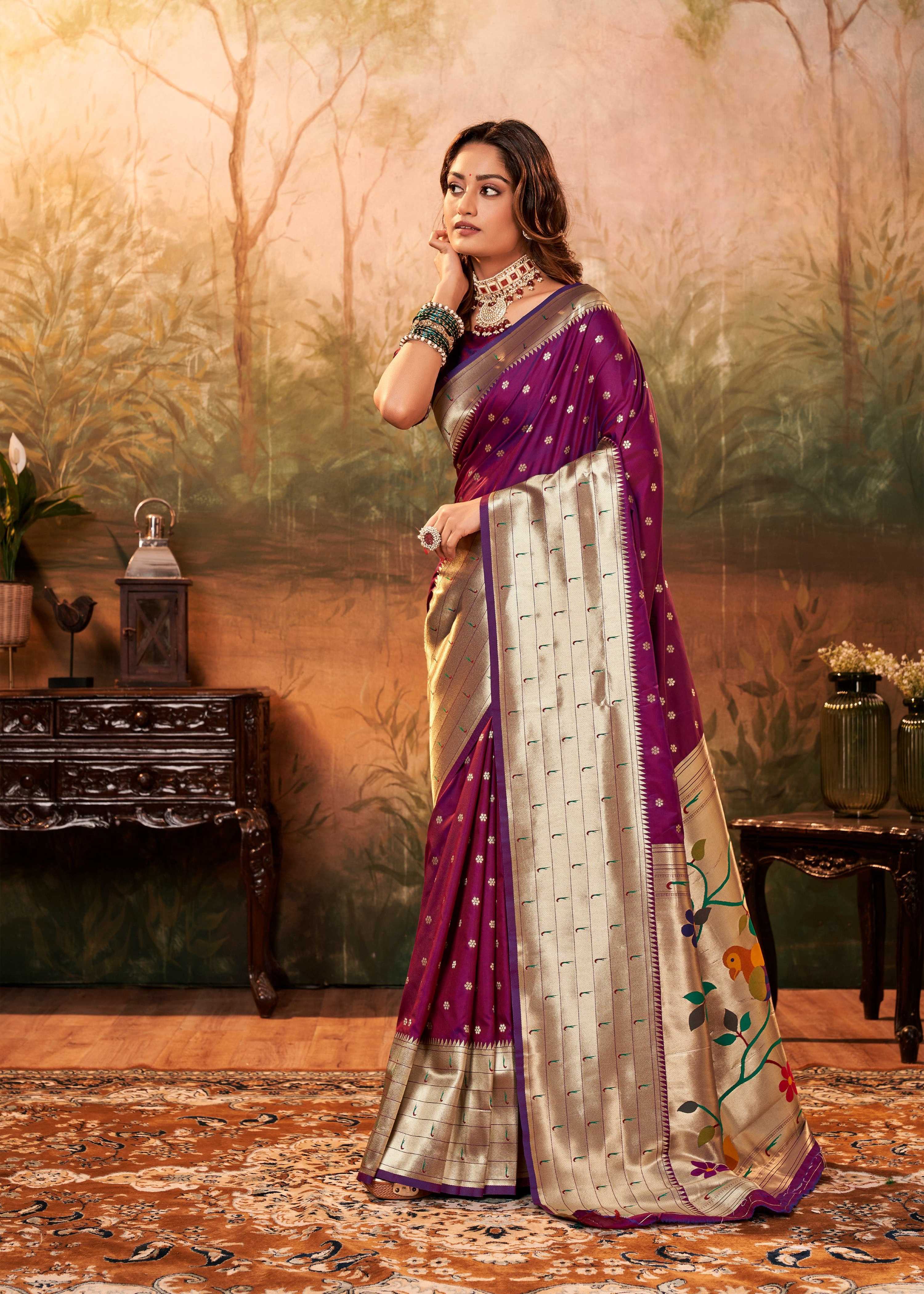 Anaita Purple Designer Zari Weaving Pure Paithani Silk Saree With Blouse
